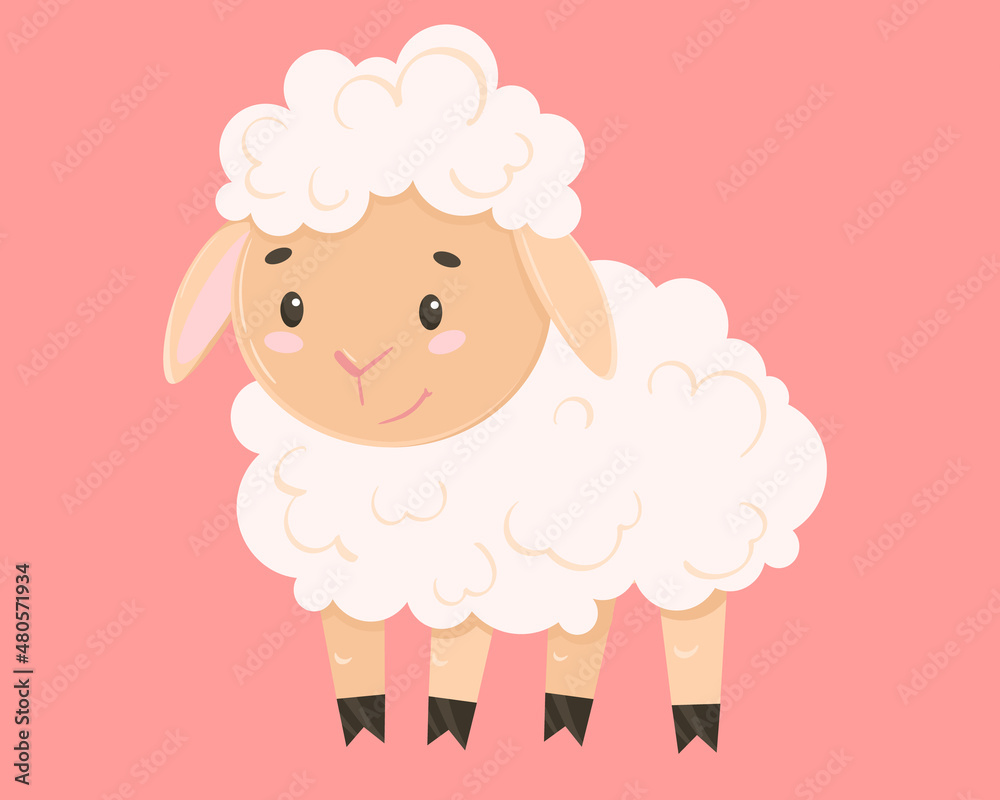 Cute vector sheep with a blush, in a flat style, isolated on a white background. Cartoon drawing of a sheep. Design for kid, children's poster, children's wall painting, postcard, invitation Cute vector sheep with a blush, in a flat style, isolated on a white background. Cartoon drawing of a sheep. Design for kid, children's poster, children's wall painting, postcard, invitation