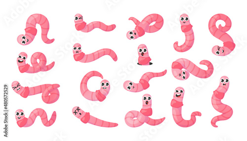 Worm character. Cartoon earthworm mascot with big eyes and cute faces. Insects for kids illustration. Fishing bait. Soil crawlers with various emotion expressions. Vector pink bugs set