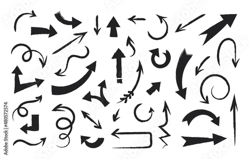 Grunge arrows. Hand drawn direction pointers. Handmade paintbrush stroke. Vintage scribble forms. Up and down signs. Curve shapes. Way pointing. Black brushstrokes. Vector cursors set