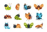 Caterpillar and butterfly. Cartoon bugs character with funny faces and smily emotions. Happy insect mascots poses. Animals with antennas and wings. Vector colorful larva and moles set
