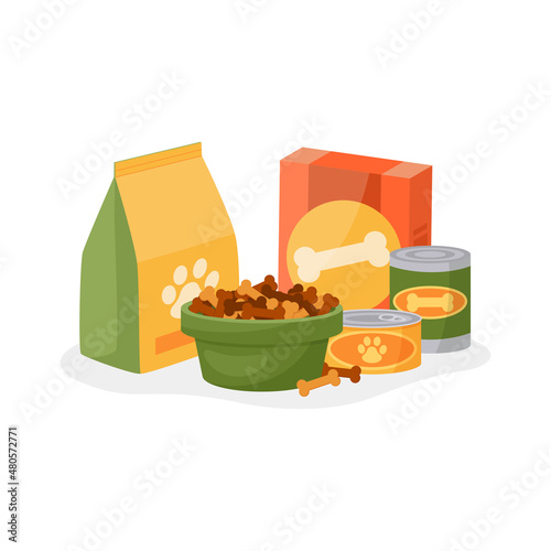 Cartoon pet food. Cat and dog feed packaging with bow. Home animal feeding concept. Can and box. Plate for meal. Puppies bones. Vet shop. Canine feeder. Doggy snacks. Vector illustration