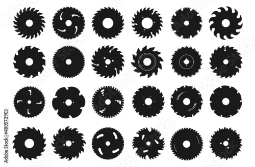 Circular saw blade icons. Silhouette of metal disc for woodwork. Round carpentry tool. Industrial rotary wheels. Construction equipment. Cutting instrument. Vector sawmill symbols set