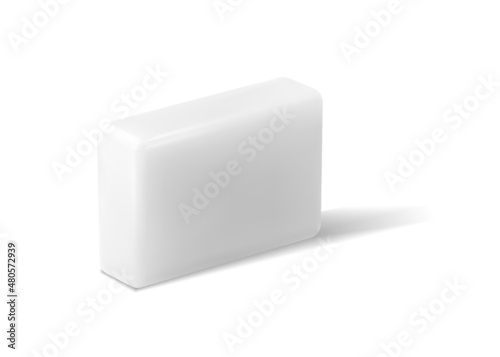 Realistic white piece of soap. Hygienic cleanser. 3D household cleaning product. Isolated rectangular soapy spa cleaner with shadow. Cosmetic hand washing toiletry. Vector beauty detergent