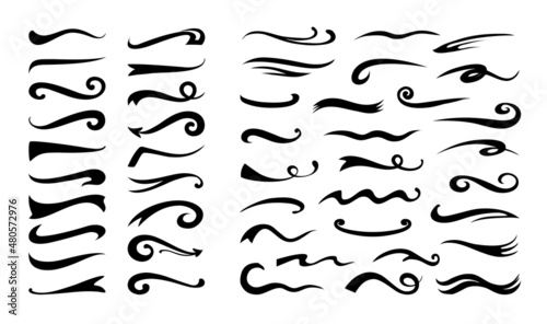 Underline swash. Flourish retro swoosh. Hand drawn decorative typography pen stroke. Black silhouette lines and swirls. Calligraphic dividers collection. Vector doodle swish logo set