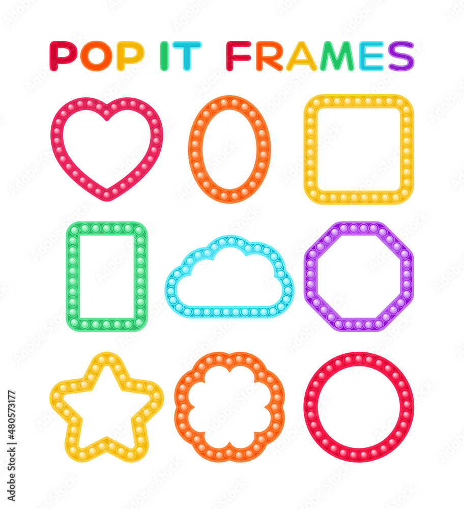 Pop It Frames. Blank for Childrens Holiday and Photo. Funny Bright Rainbow Templates for Birthday and Invitations. Flat Cartoon Fashion style. White background. Vector illustration for Kindergarten.