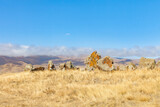 Standing stones in Zorats-Karer or Karahunj. Ancient megalithic complex, Syunik region of Armenia.