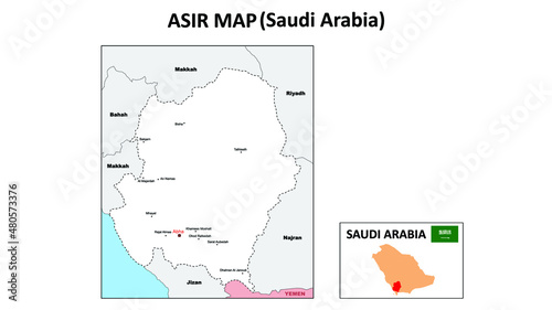 Asir map. Political map of Asir. Asir Map of Saudi Arabia with white color.