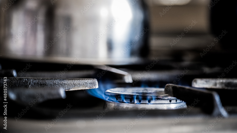 gas stove fire, blue flame, gas burner. Stock Photo Adobe Stock