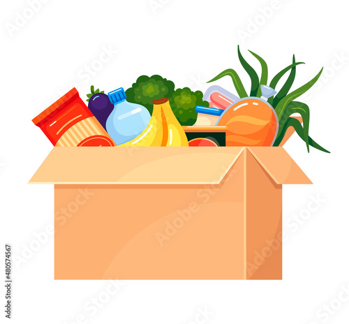 Food box grocery donation vector illustration. Cardboard container for carrying storage products