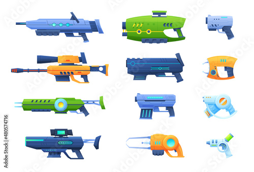 Gaming futuristic weapon set vector flat illustration. Game blasters space aliens laser guns