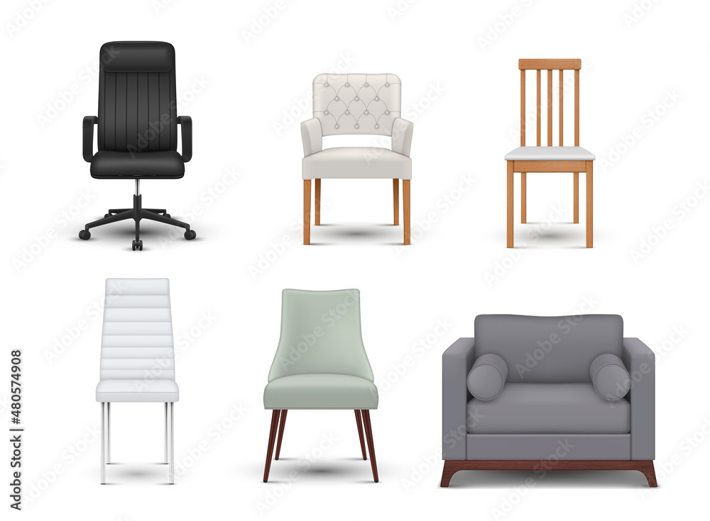 Fototapeta premium Realistic armchairs chairs collection vector illustration. Decorative modern comfortable furniture