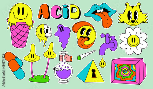 Acid abstract characters and objects. In a cartoon style, a set of bright psychedelics, all elements are isolated