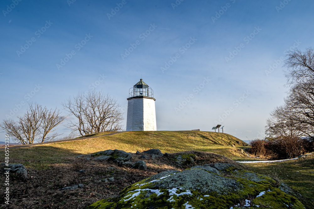 Stony Point, NY - USA - Jan 14, 2022: Wide Landscape view of the Stony Point Light, an octagonal pyramid, made entirely of stone.The oldest lighthouse on the Hudson River.