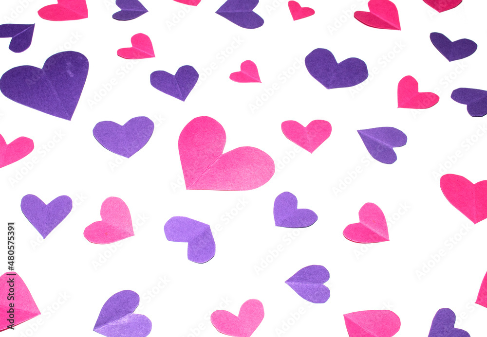 Pink and Purple Paper Love Hearts Cut Out on White Background for Valentines Day or Weddings Pink and Purple Paper Love Hearts Cut Out on White Background for Valentines Day or Weddings