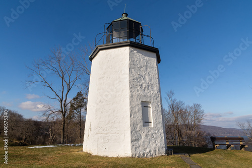 Stony Point, NY - USA - Jan 14, 2022: Landscape view of the Stony Point Light, an octagonal pyramid, made entirely of stone.The oldest lighthouse on the Hudson River. photo