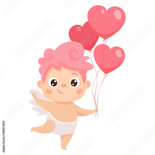 Cute cupid with heart shaped balloons. Vector cartoon character for Valentine s day