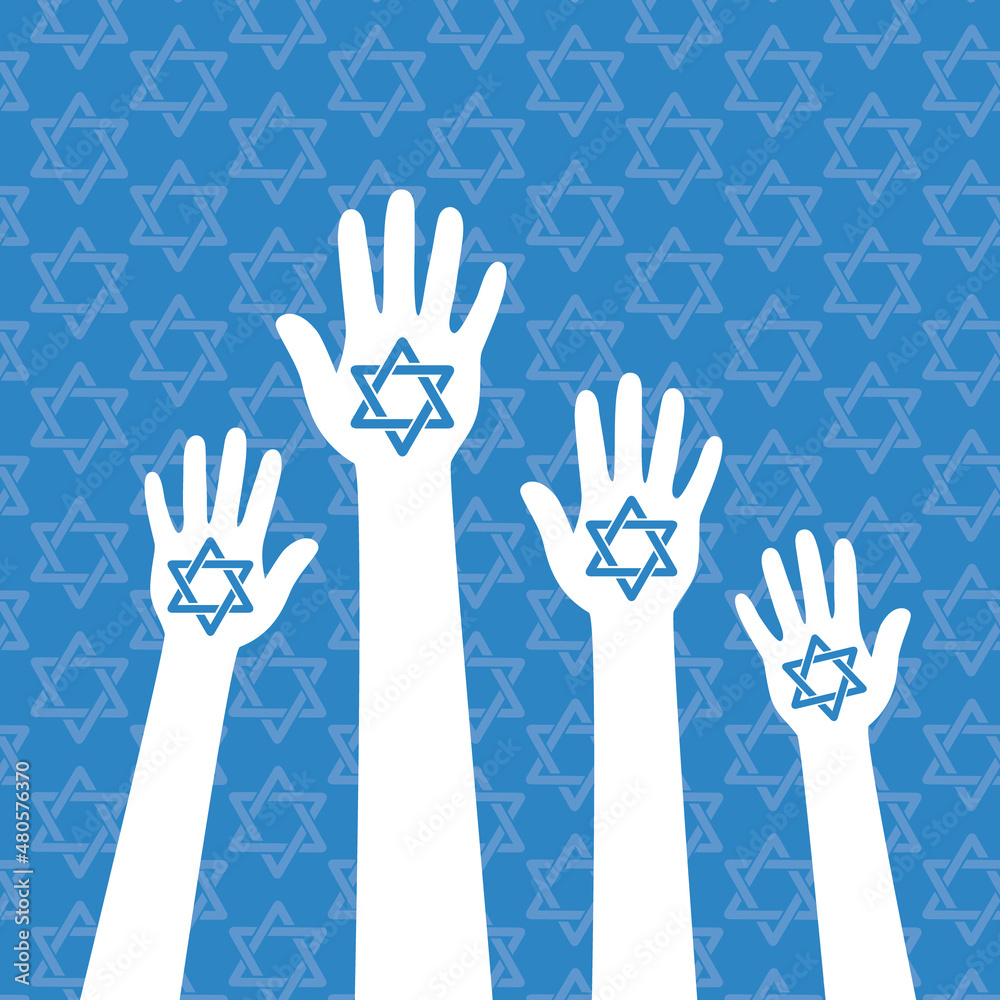 Fototapeta premium Hands up with a star of David. Raising hands with Magen David. Vector illustration.