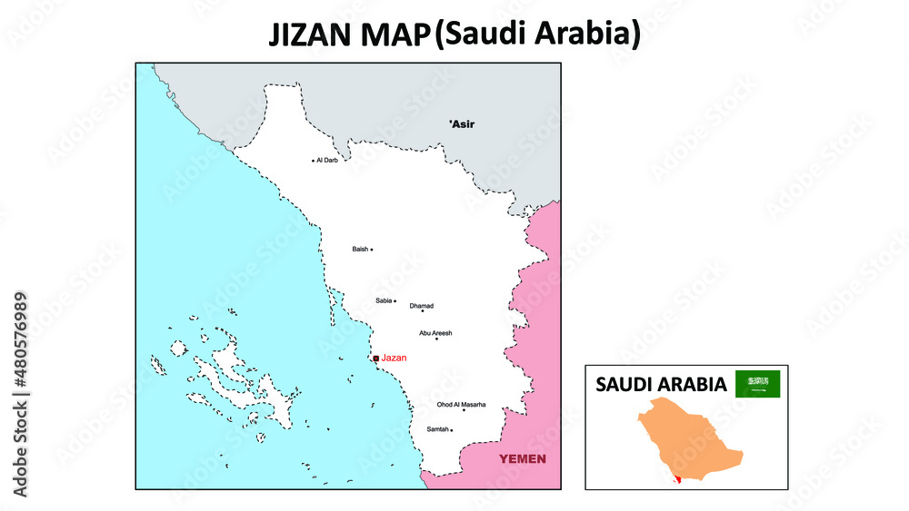 Jizan map. Political map of Jizan. Jizan Map of Saudi Arabia with white color.