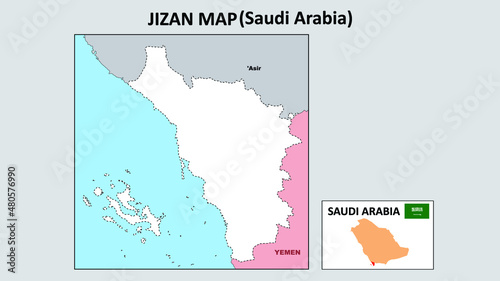 Jizan Map. Political map of Jizan. Jizan Map of Saudi Arabia with neighboring countries and borders. photo