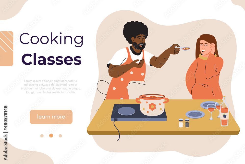 Cooking class vector banner. Culinary school, workshop or blog backdrop. People cooking at kitchen. Man gives food to his friend or girlfriend to taste. Happy, cheerful people cooking. Cooking class vector banner. Culinary school, workshop or blog backdrop. People cooking at kitchen. Man gives food to his friend or girlfriend to taste. Happy, cheerful people cooking.