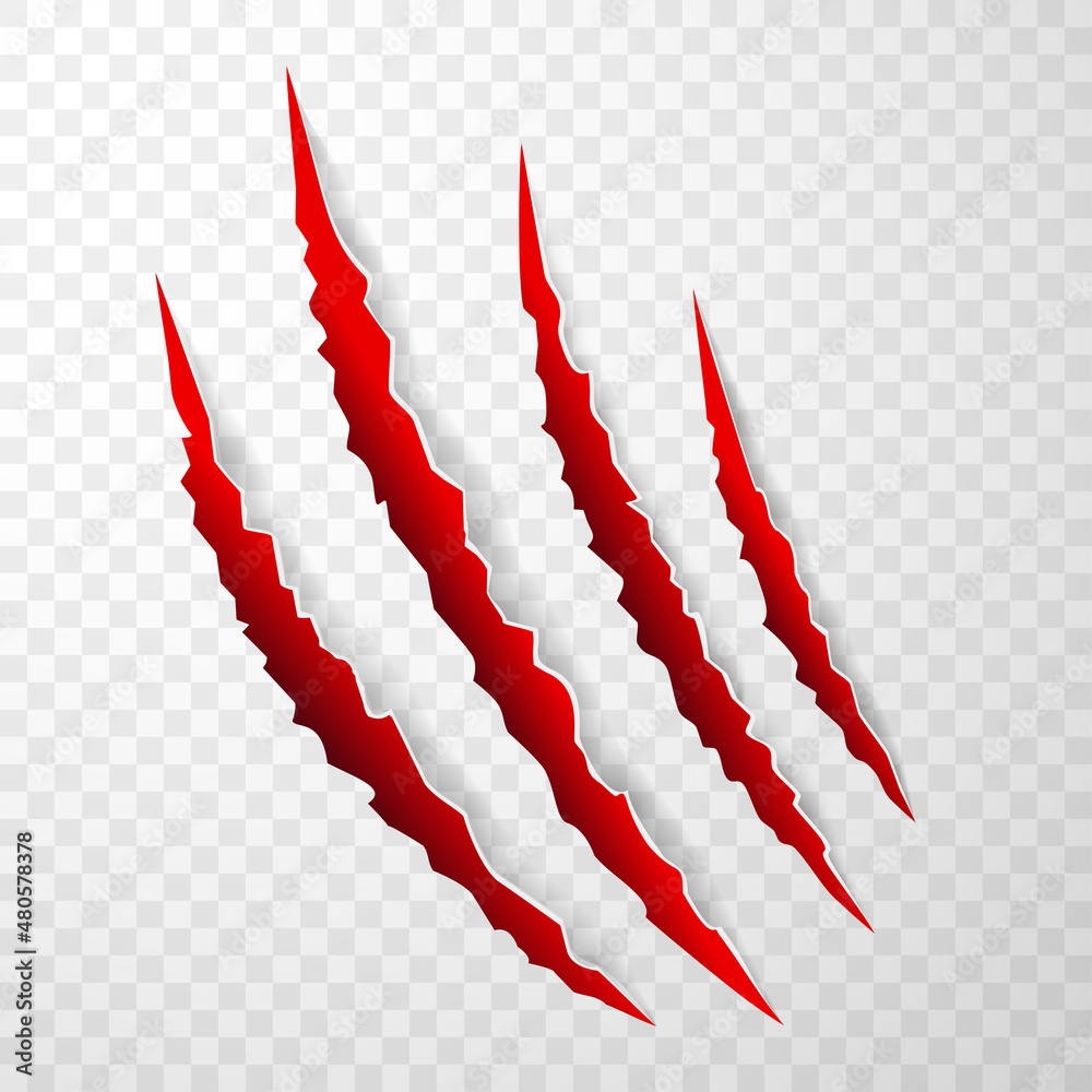 Red animal claw marks, scratches, talons cuts cat, tiger, dog, lion, monster isolated. Vector realistic illustration.