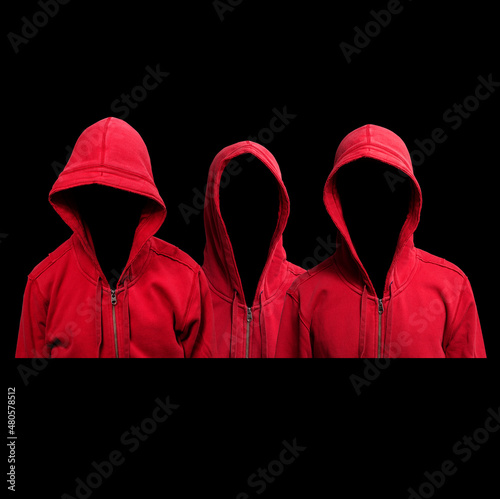 Slika na platnu Art collage with three red hoodie characters on black background, a gang of brot
