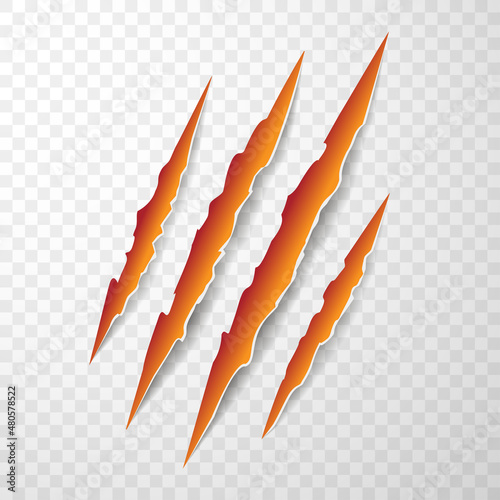 Orange color of animal claw marks, scratches, talons cuts cat, tiger, dog, lion, monster isolated. Vector realistic illustration.