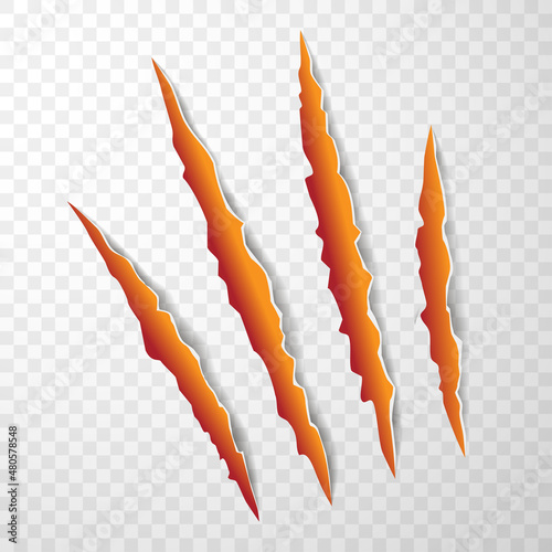 Orange color of animal claw marks, scratches, talons cuts cat, tiger, dog, lion, monster isolated. Vector realistic illustration.