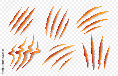 Set of orange animal claw marks, scratches, talons cuts cat, tiger, dog, lion, monster isolated on white background.