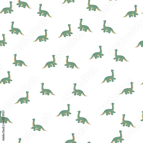 Cute brachiosaurus seamless pattern. Funny children dinosaur sketch.