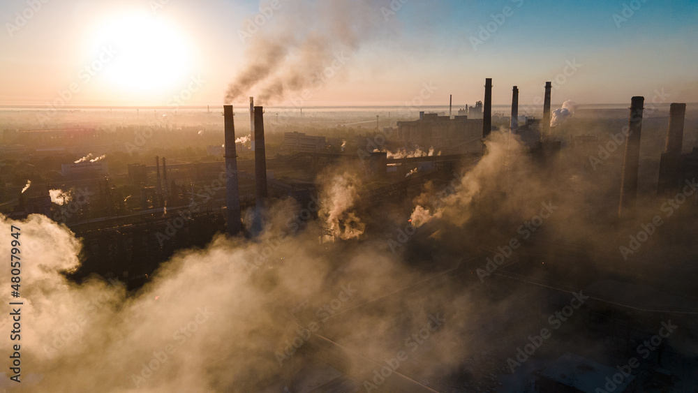 Fototapeta premium factory smoke from chimneys from a height panorama