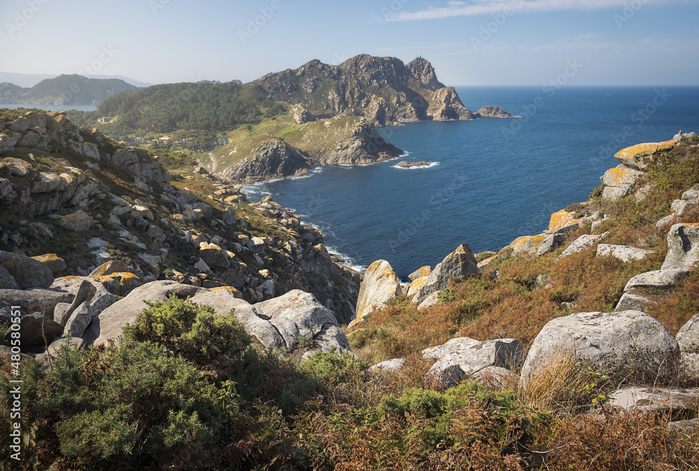 Aerial View of Stunning Landscape in the Cies Islands Natural Park, Galicia, Spain