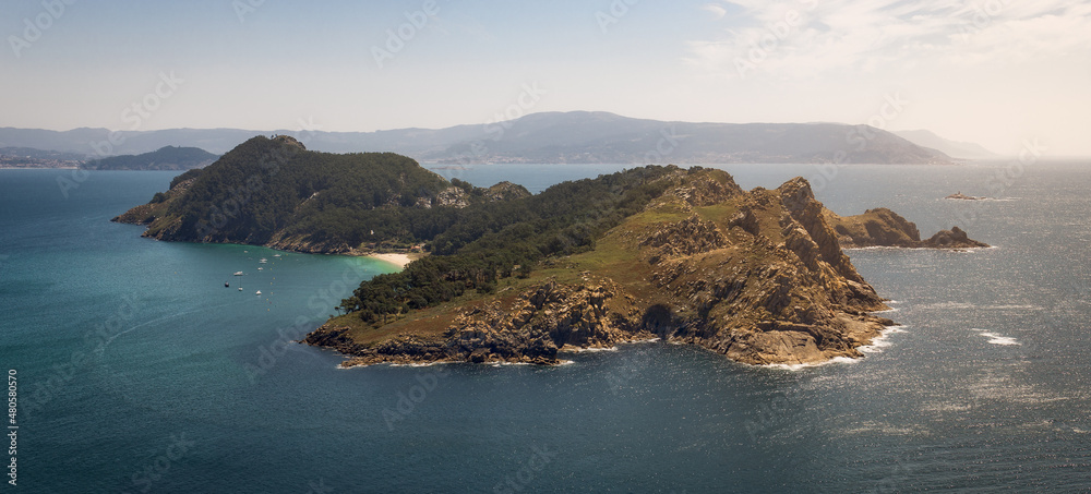 Aerial View of Stunning Landscape in the Cies Islands Natural Park, Galicia, Spain