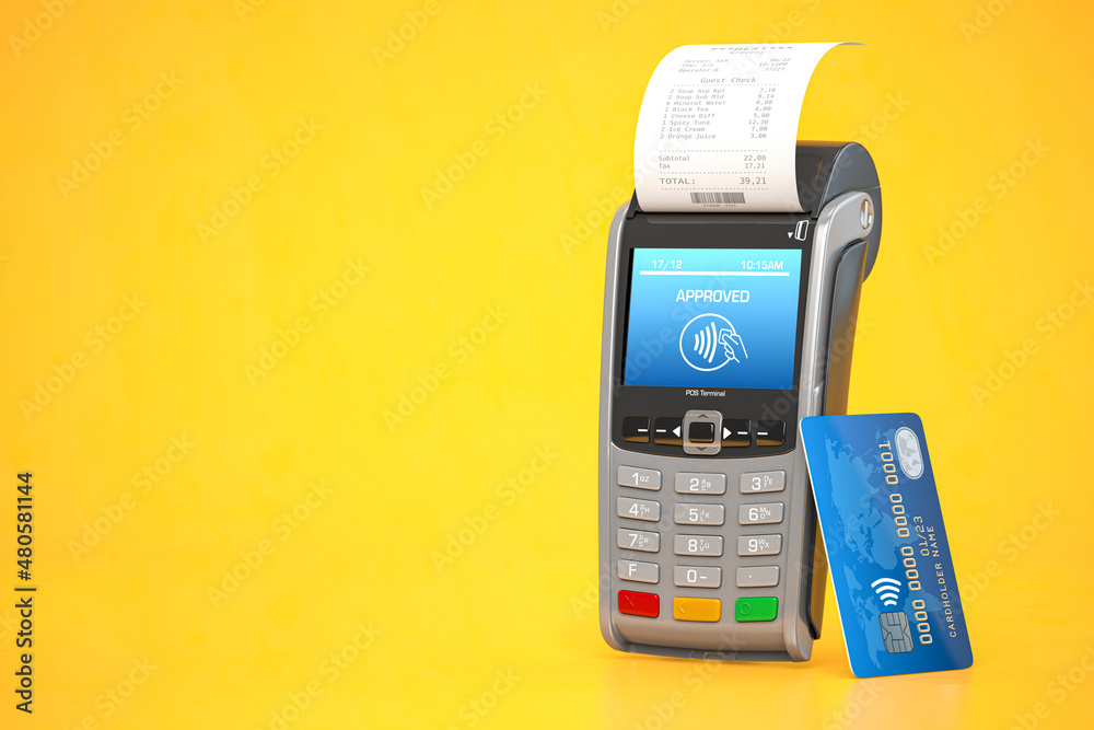 POS point of sale terminal for credit card payment on yellow background. - obrazy, fototapety, plakaty 
