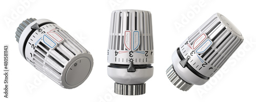 Thermostatic radiator valve for heating isolated on white. Temperature control and energy saving.