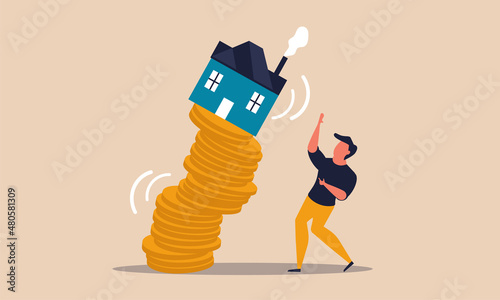 Real estate price for home and collapse coin crisis falling. Property decline value money and risk economic vector illustration concept. Home rent crash and low investment finance foreclosure low