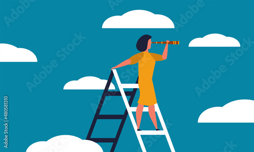 Executive woman looking telescope on ladder and business achievement female leader . Business guide and job inequality vector illustration concept. Future strategy employee people and career vision