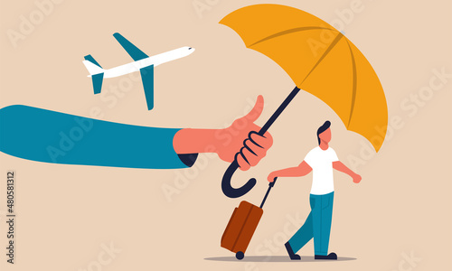 Insurance business travel and aircraft policy care. Umbrella shield protect people vector illustration concept. Money and life risk for passenger transportation. Vacation security and human insure