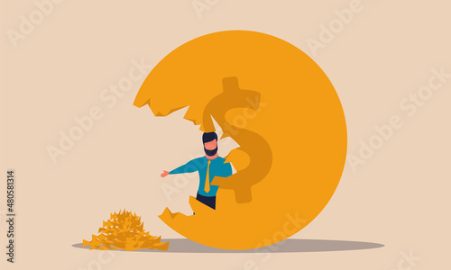 Coin bank broken and company investment money to business. Loan finance and earning vector illustration concept. Bankruptcy economy and debt dollar. Financial fund collapse and cost mistake budget.