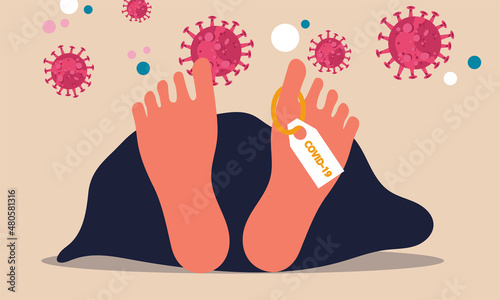Death from covid-19 and protection from virus global. Corpse after disease and human life vector illustration concept. Vaccine protection coronavirus and danger illness. Epidemic alert and infection