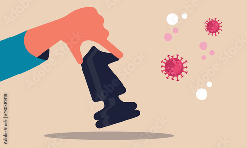 Leader money from pandemic battle. Business care and hand with chess piece attack vector illustration concept. Leadership thinking and fight with corona virus. People brave and financial competition
