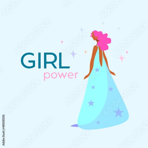 A girl in a dress with the inscription "Girl Power". Pale blue background and dress. Pink hair. Background of a feminist nature.