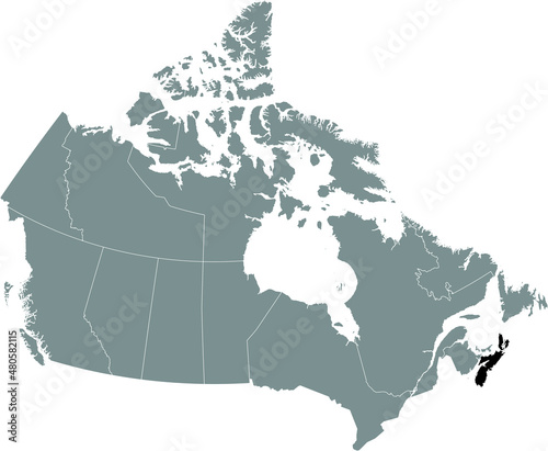Black flat blank highlighted locator administrative map of the Canadian province of NOVA SCOTIA inside gray flat map of CANADA