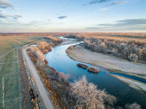 dusk over South Platte River in Colorado, aerial view with fall or winter scenery photo