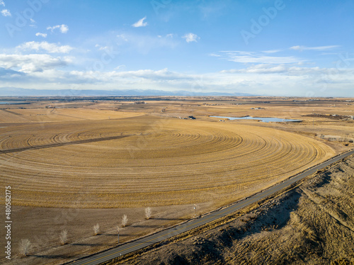 aerial view of northern Colorado landscape in fall or winter scenery - farmland along Front Range of Rocky Mountains