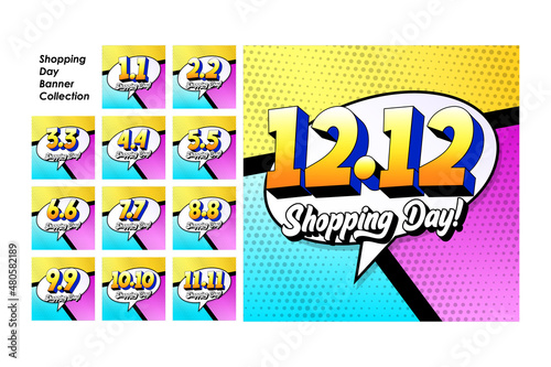 Set of shopping day banner for one year. Shopping day poster in pop art style. Retro pop art benner atyle