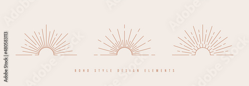 Sun and sunburst symbol in Bohemian style. Astrology, mystery and esoteric symbols in Boho style. Sun and sunset linear icons in Boho style. Vector
