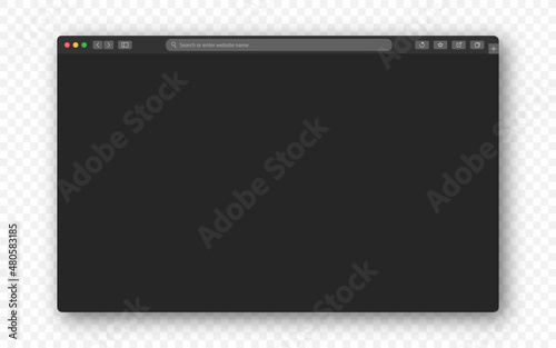 Browser window on transparent background. Empty web page, browser window mockup with toolbar. Browser window in dark mode. Vector
