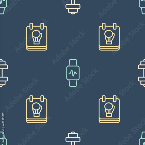Set line Dumbbell, Boxing glove and Smart watch with heart on seamless pattern. Vector