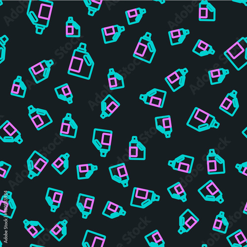 Line Plastic bottle for laundry detergent, bleach, dishwashing liquid or another cleaning agent icon isolated seamless pattern on black background. Vector
